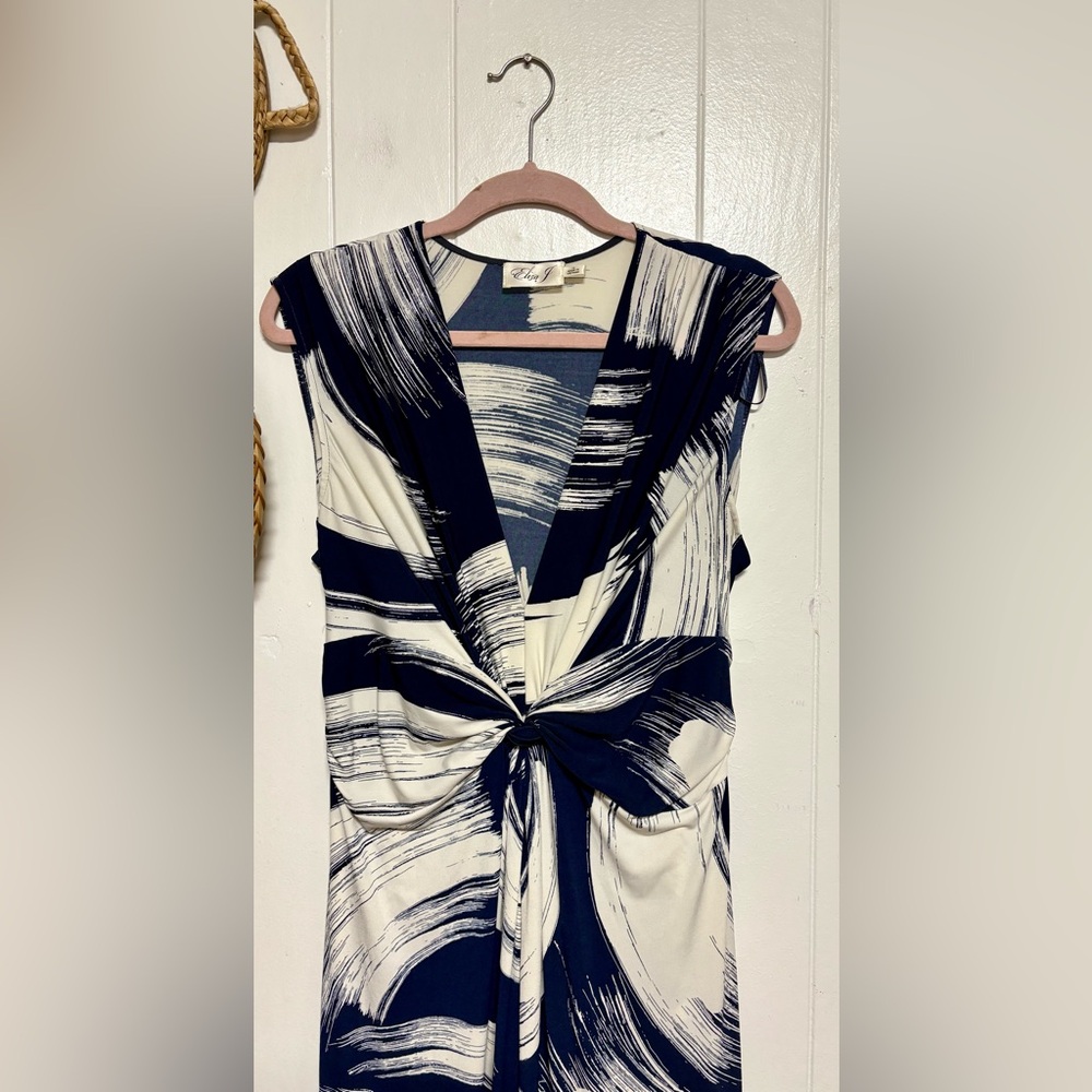 Eliza J 14 Blue White Jersey Knit Stretch Knot Twist Front Sleeveless Maxi Dress - Picture 5 of 7